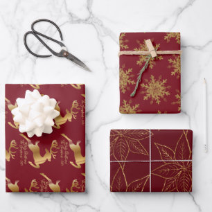 Elegant Golden Reindeers Snowflakes and Poinsettia Wrapping Paper Sheet