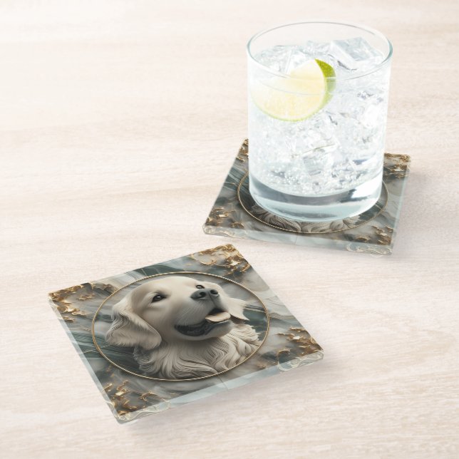 Elegant Golden Retriever Marble Design Glass Coaster (Angled)