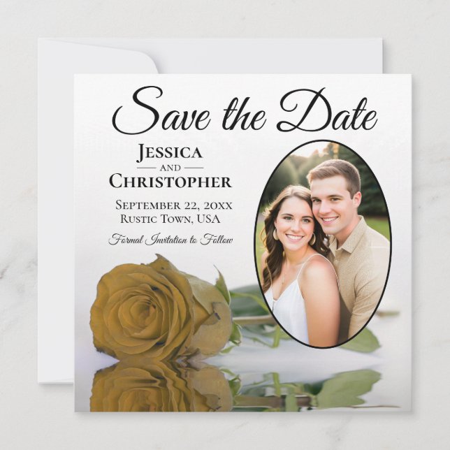 Elegant Golden Rose on White Oval Photo Wedding Save The Date (Front)