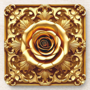 Elegant Golden Rose with Ornate Decorative Frame Coaster