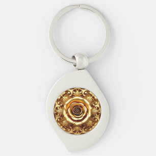 Elegant Golden Rose with Ornate Decorative Frame Keychain
