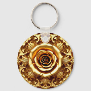 Elegant Golden Rose with Ornate Decorative Frame Keychain