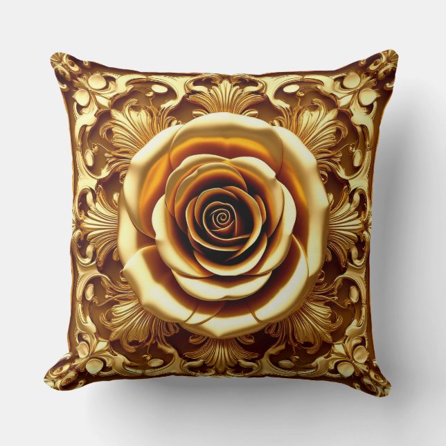Elegant Golden Rose with Ornate Decorative Frame Throw Pillow (Front)