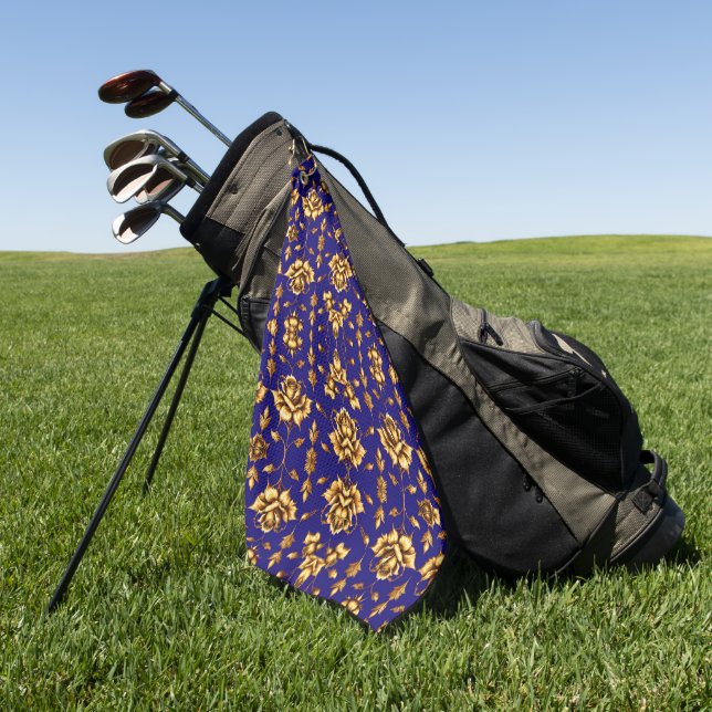 Elegant golden roses on royal blue golf towel (Green)