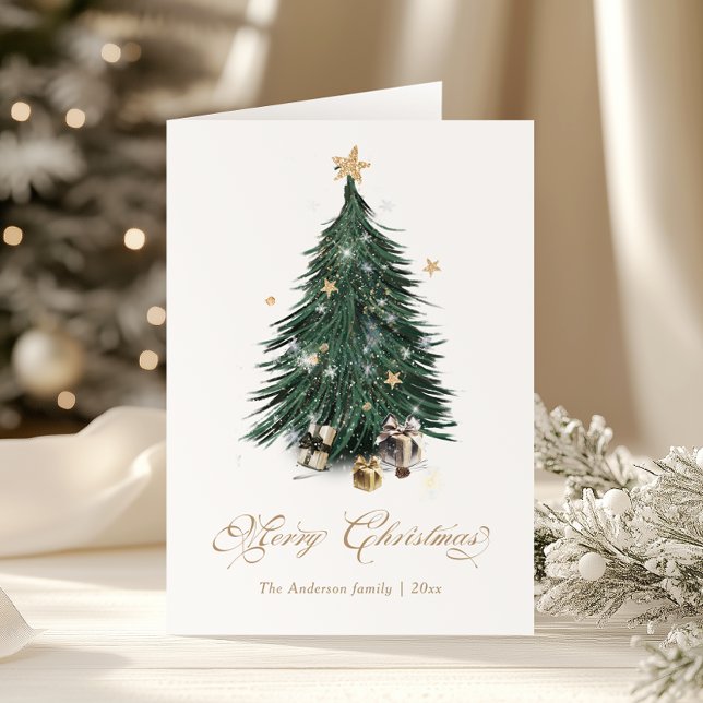 Elegant Golden Script Christmas tree Holiday Card (Creator Uploaded)