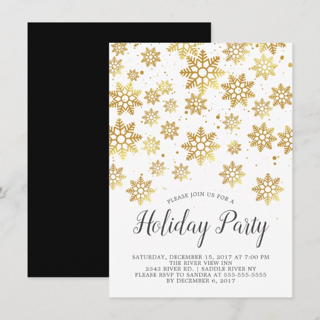 Élégant Golden Snowflakes Invitation de fête de va (Devant / Derrière)