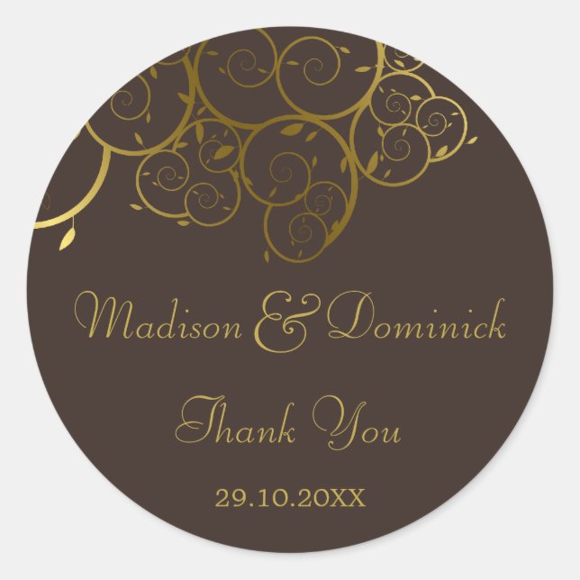 Elegant Golden Spiral Vines Classy Wedding Sticker (Front)