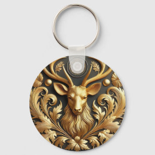 Elegant Golden Stag Head Ornament Keychain