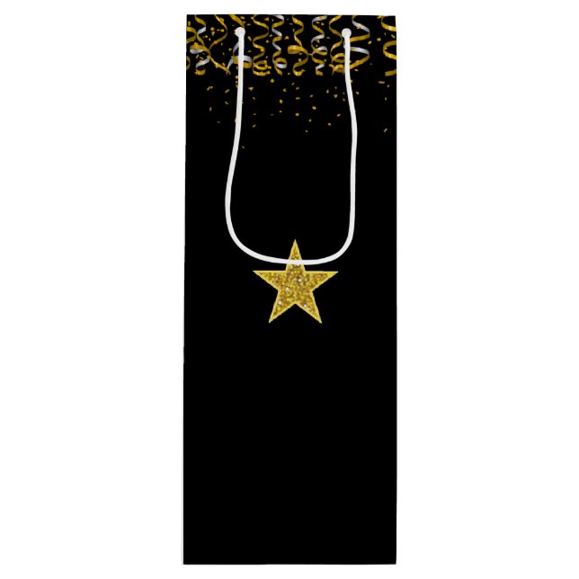 Elegant golden star and confetti on black wine gift bag (Front)