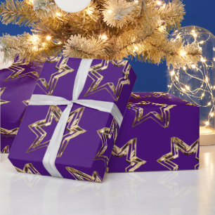 Elegant Golden Stars Pattern Christmas Purple Wrapping Paper