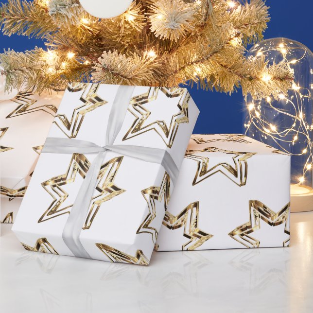 Elegant Golden Stars Pattern White Christmas Wrapping Paper (Holidays)
