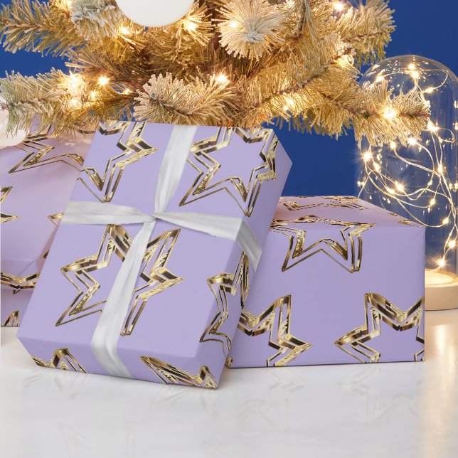 Elegant Golden Stars Soft Purple Christmas Wrapping Paper (Holidays)