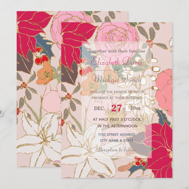 Elegant Golden Strokes Colourful Winter Floral Invitation (Front/Back)