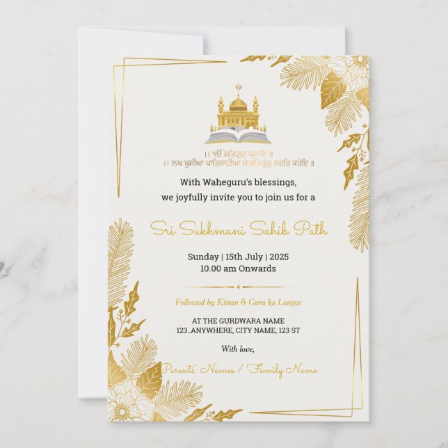 Elegant Golden Sukhmani Sahib Path Invitation (Front)