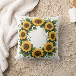 Elegant Golden Sunflower Wreath Throw Pillow
