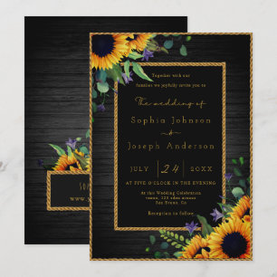 Elegant Golden Sunflowers & Rustic Wood Wedding Invitation