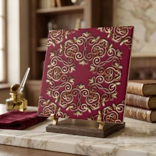 Elegant Golden Swirls and Curves on Burgundy Red  Tile