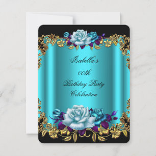 Elegant Golden Teal Blue Purple Roses Birthday Invitation