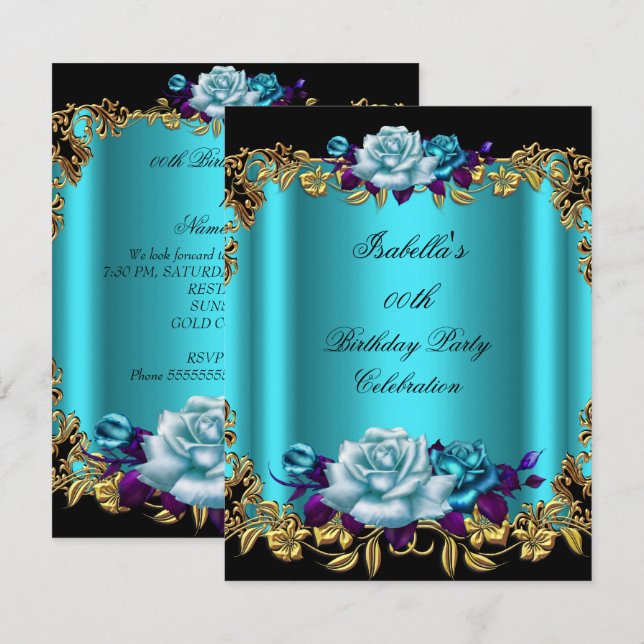 Elegant Golden Teal Blue Purple Roses Birthday Invitation (Front/Back)