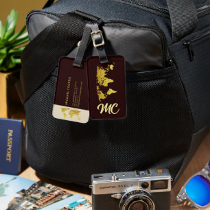 Elegant Golden Travel World Map Monogrammed Name  Luggage Tag