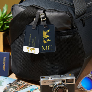 Elegant Golden Travel World Map Monogrammed Name Luggage Tag