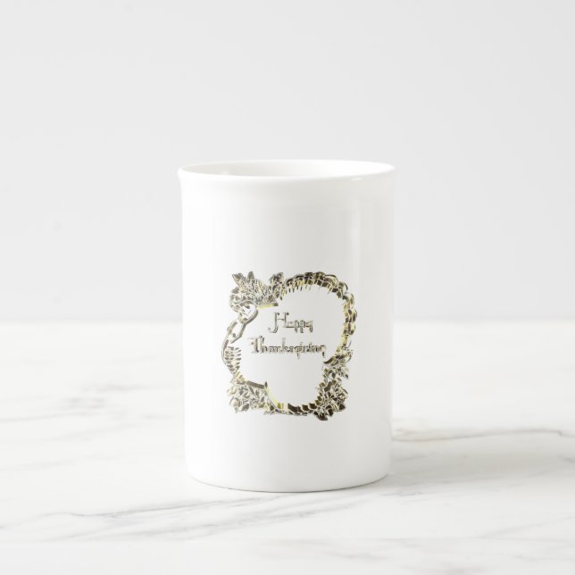 Elegant Golden Turkey Happy Thanksgiving Text Bone China Mug (Front)
