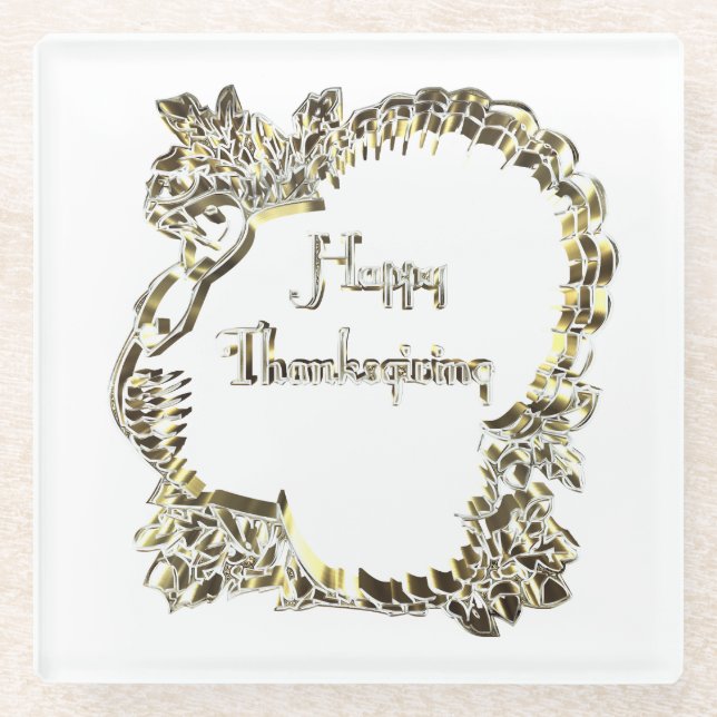 Elegant Golden Turkey Happy Thanksgiving Text Glass Coaster (Front)