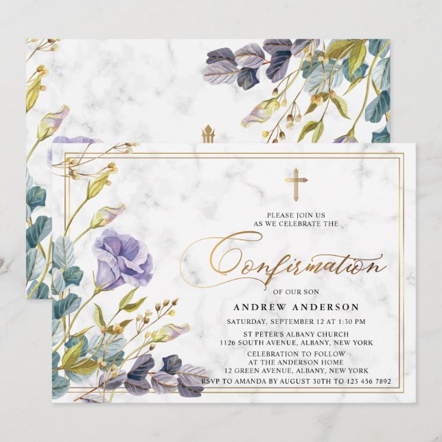 Elegant Golden Vintage Floral Confirmation Invitation (Front/Back)