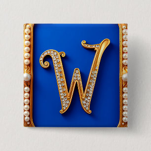 Elegant Golden W Monogram Decorated With Pearls 2 Inch Square Button