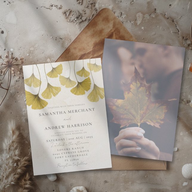 Elegant Golden Watercolor Ginkgo leaf Wedding Invitation (Creator Uploaded)