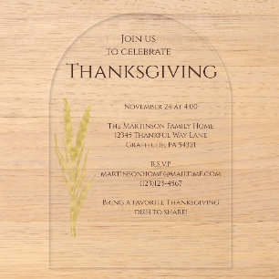 Elegant Golden Wheat Thanksgiving  Acrylic Invitations