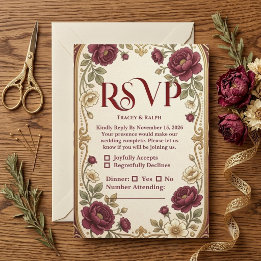 Elegant Golden Wine Red Roses Soft Ivory Wedding RSVP Card