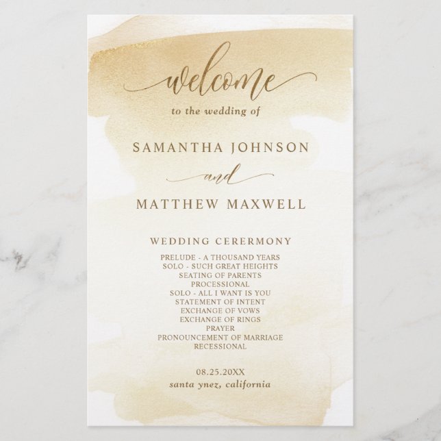 Elegant  Golden Yellow Watercolor Wedding Program (Front)