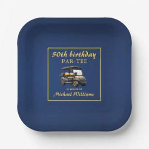 Elegant Golf Theme Cart Blue Gold 50th Birthday Paper Plate