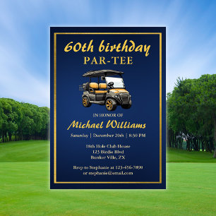 Elegant Golf Theme Cart Blue Gold 60th Birthday Invitation