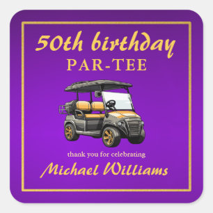 Elegant Golf Theme Cart Purple Gold 50th Birthday Square Sticker