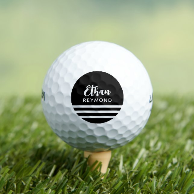 Elegant Golfer Name with 3 Stripes Black Golf Balls (Insitu Tee)