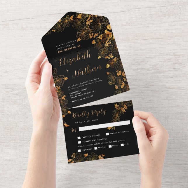 Elegant Gorgeous Black & Gold Floral Foliage All In One Invitation (Tearaway)