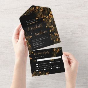 Elegant Gorgeous Black & Gold Floral Foliage All In One Invitation