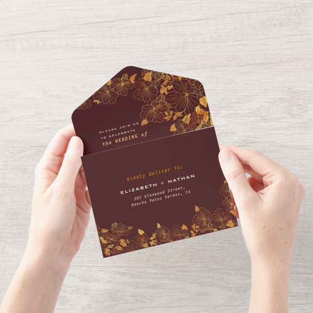 Elegant Gorgeous Burgundy & Gold Floral Foliage All In One Invitation (Opening)