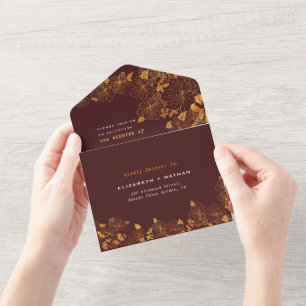 Elegant Gorgeous Burgundy & Gold Floral Foliage All In One Invitation