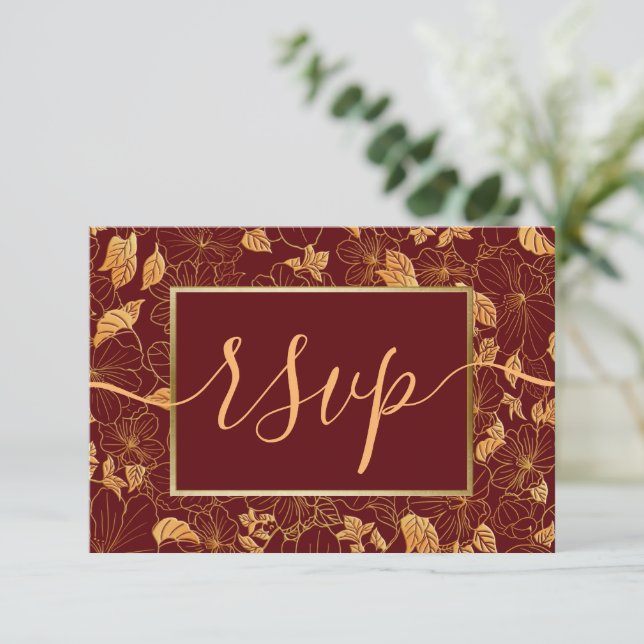 Elegant Gorgeous Dark Burgundy & Gold Foliage RSVP (Standing Front)