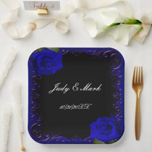 Elegant Goth Blue Roses Paper Plate