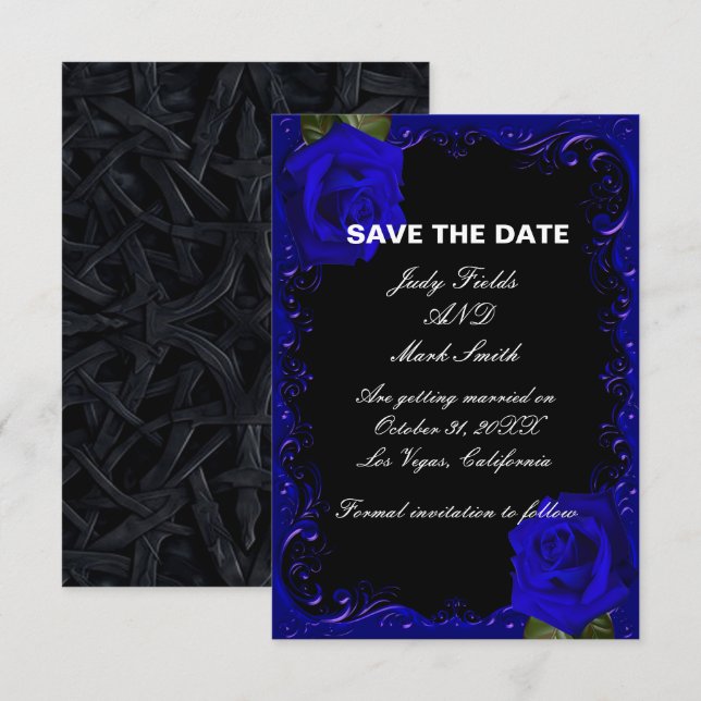 Elegant Goth Blue Roses Save The Date Card (Front/Back)