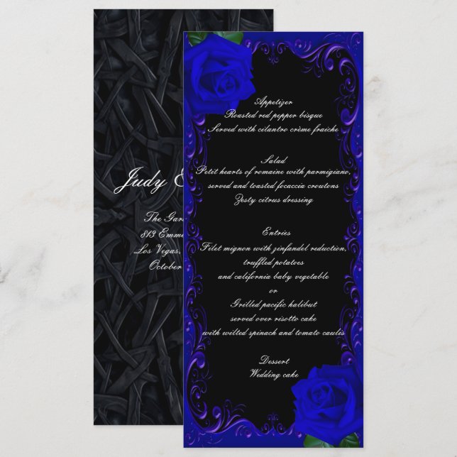 Elegant Goth Blue Roses Wedding Menu (Front/Back)