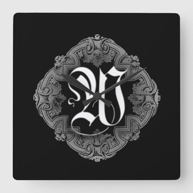 Elegant Goth Initial W Square Wall Clock (Front)
