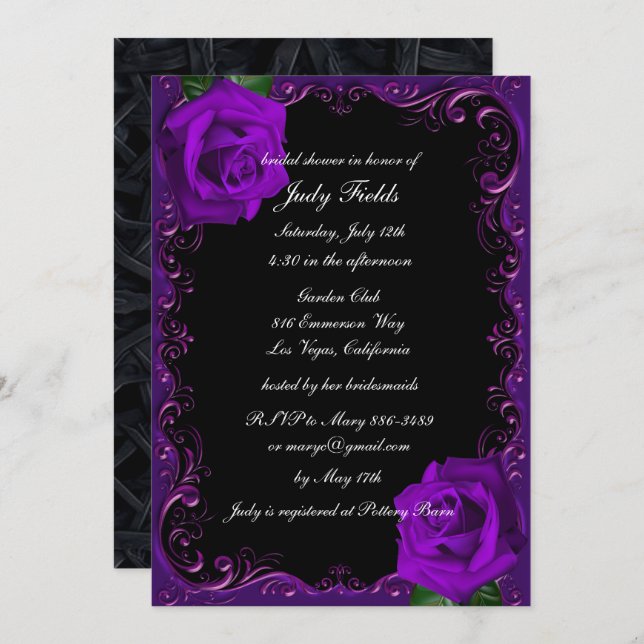 Elegant Goth Purple Roses Bridal Shower Invitation (Front/Back)