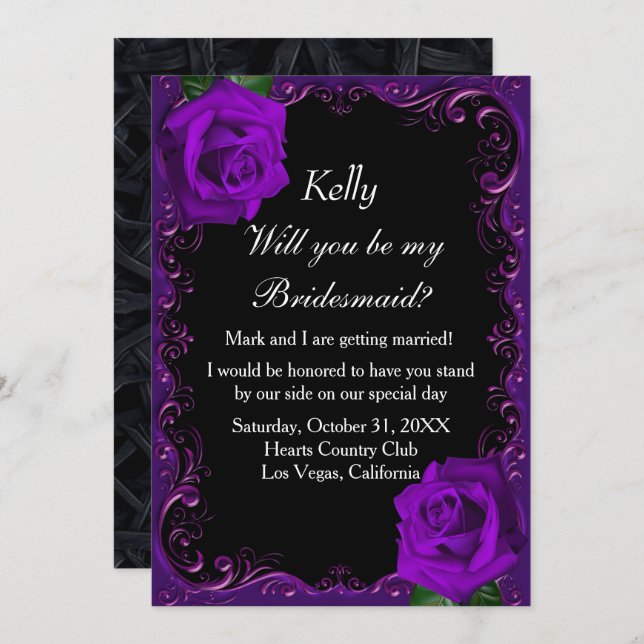 Elegant Goth Purple Roses Bridesmaid Invitation (Front/Back)