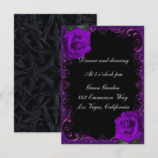 Elegant Goth Purple Roses Reception Card (Front/Back)