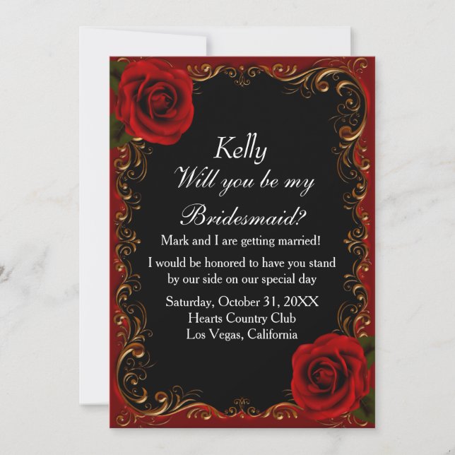 Elegant Goth Red Roses Bridesmaid Invitation (Front)